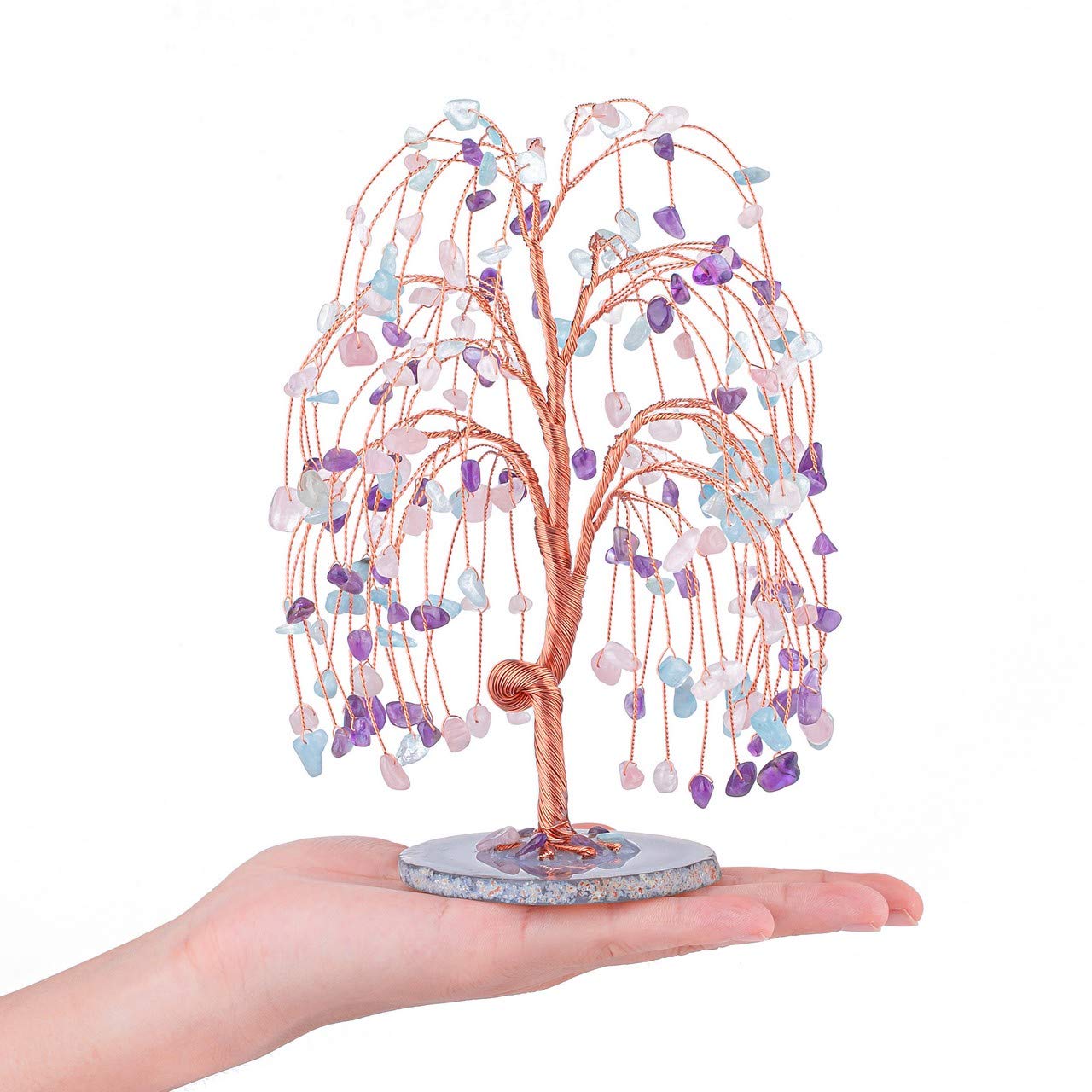Jovivi Natural Healing Crystals Amethyst/Rose Quartz/Aquamarin Tree Tumbled Gemstone Stones Money Tree, Geode Agate Slices Base Feng Shui Ornaments Home Decoration for Wealth and Luck 5.5"-6.3"