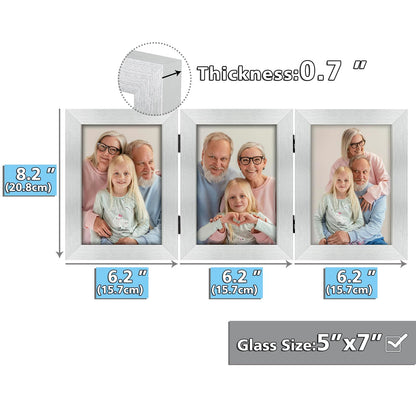Frametory, 5x7 Triple Picture Frames 3 Photo Frames Collage - Real Glass - Engineered Wood Triple Folding Frame - Tabletop Vertical Display (Silver, 1 Pack)