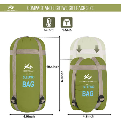 WERTYCITY Warm Weather Sleeping Bag - Portable Waterproof Compact Lightweight, Packable with Compression Sack for Kids Teens Adults Camping Backpacking Hiking, Spring Summer Fall(Army Green)