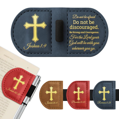 Personalized Magnetic Leather Bookmark with Pen Holder - Bygone Mark Custom Bible Verse Bookmarker,Book Marker for Men & Women,Book Lovers,Readers,Church(Blue,Joshua 1:9)