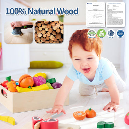 32 Pcs Wooden Play Food Sets for Kids Kitchen Accessories, Montessori Educational Toys Food, Pretend Play Food for Toddlers, Velcro Fruits and Vegetables Cutting Set for Kids Boys Girls