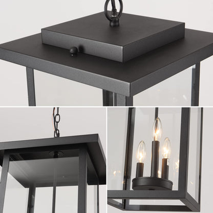 Smeike Outdoor Pendant Light Exterior Hanging Lantern, Large Outdoor Hanging Porch Light, Matte Black Finish with Clear Glass, 3 Light Outdoor Chandelier