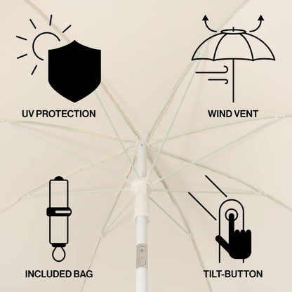 JONATHAN Y UMB1004C Horizon 6.5 ft. Classic MidCentury Scalloped Fringe Market Beach Umbrella with Push-Button Tilt, Wind Vent and UV Protection, and Matching Carry Bag in Cream/White, White Pole