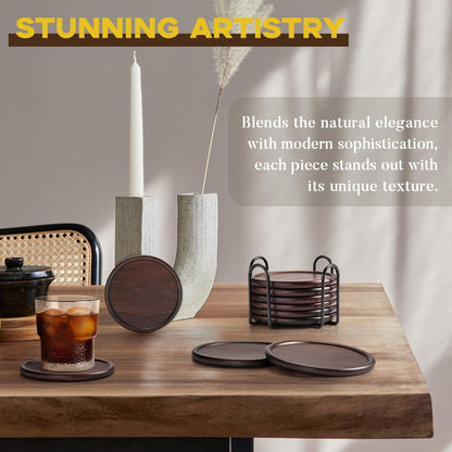 Wood Coasters with Metal Holder, GOH DODD Set of 6 Walnut Wooden Coaster Tabletop Protection for Drinks Coffee Table Home Kitchen Office Bar Living Room Decor Housewarming Gifts Wedding Party, 4 Inch