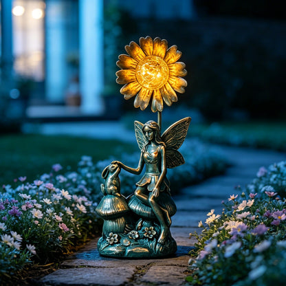 LIFESEEK Garden Solar Fairy Statue - Mushroom Seat, Touching Rabbit, Iron Flower Glass Ball, Whimsical Outdoor Ornament