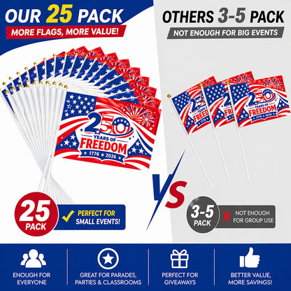 America 250th Anniversary Stick Flags 25/50 Pack – 1776-2026 Patriotic Hand Held American Flags, Small Mini USA Flags for Parade, Party, Classroom, Memorial Day, Independence Day & July 4th Decorations (25)
