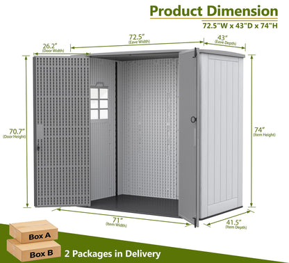 ZZM Outdoor Storage Shed 6x4 Ft, All-Weather Resistant Resin Garden Sheds & Outdoor Storage Clearance with Floor and Windows, Double-layer Plastic Tool Shed for Backyard, Patio & Lawn (Gray,Flat Roof)