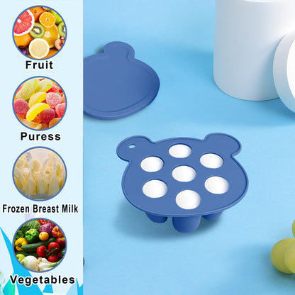 Gedebey 3-in-1 Baby Food & Fruit Feeder Set – Breastmilk Popsicle Mold with Freezer Tray, Teething Relief Toy, BPA Free Infant Silicone Feeding Combo, 3 Bonus Sizes (S/M/L) Sacs (Steel Blue)