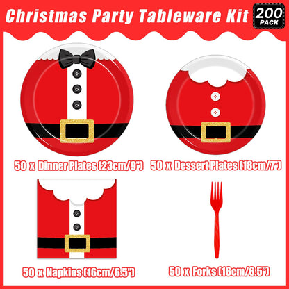Kepeel 200Pcs Santa Claus Christmas Party Plates and Napkins Sets, Santa Claus Suit Party Supplies Decorations Winter Holiday Xmas Party Dinnerware for Kids Birthday Baby Shower Home Decor, Serves 50