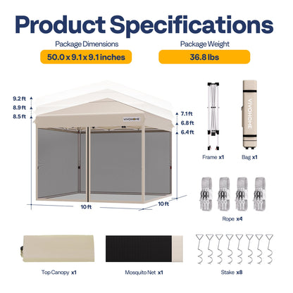 VIVOHOME 10x10ft Easy Pop-Up Canopy, Outdoor Screen Tent with Mosquito Netting, 2 Zipper Doors, and Roller Bag for Yard Camping Picnic Party Events, Beige