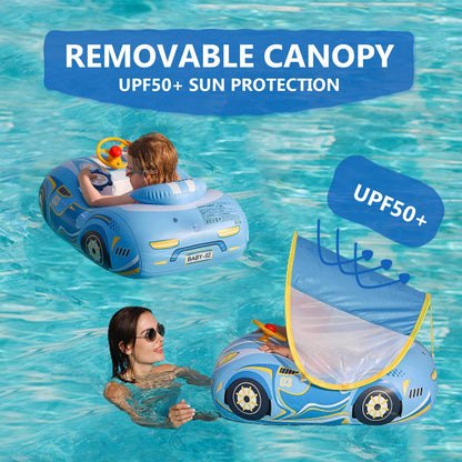 Baby Pool Float with Canopy, PVC Baby Swim Float with Sun Shade Cover, 3D Car Toddler Pool Float Swimming Floats Seat Boat for 12-18, 12-24 Months, Age 2-3, 3+ Years (Blue Canopy)