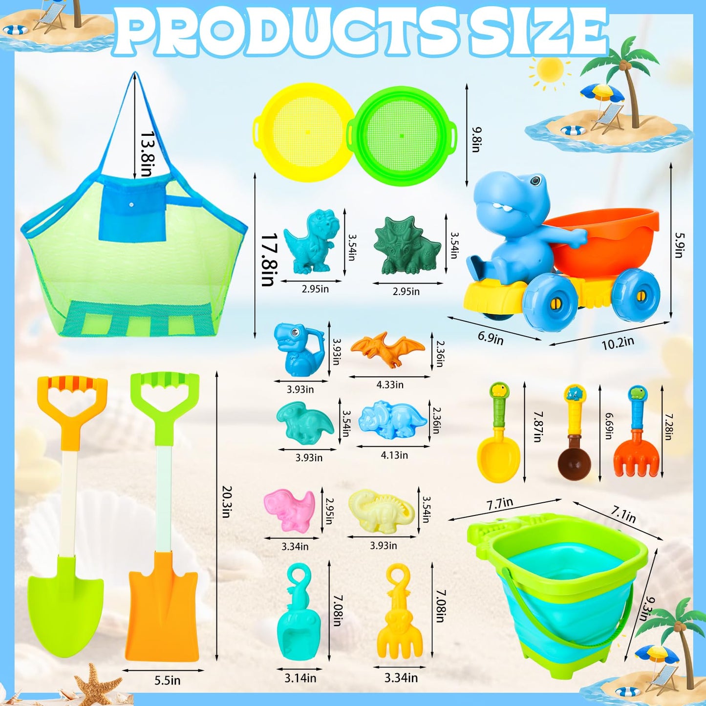 Guiqulai Beach Toys, Dinosaur Sand Toys Include Molds Foldable Bucket Mesh Storage Bag Shovels Dump Truck, Summer Sand Toys for Toddlers Kids