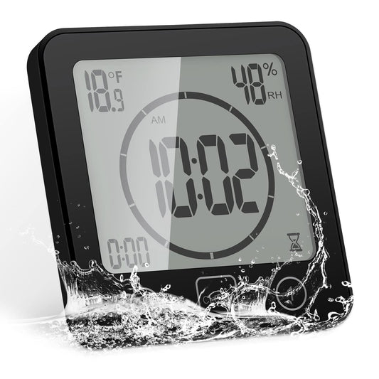 SS SUNSBELL Digital Bathroom Shower Wall Clock Timer, Shower Clock Waterproof with Big LCD Display, Touch Screen Timer with Suction, Large Countdown Visual Hanging Wall Clock (Black)