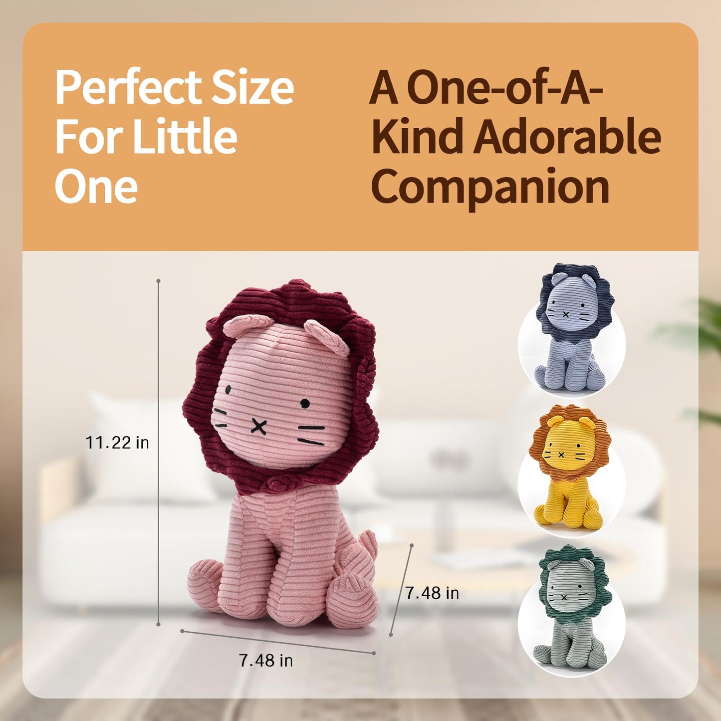 SILI FACTORY Lion Plush Corduroy (Green) 11" Stuffed Animal for Baby, Toddler, Kids, Adults - Lion Corduroy Toy-Adorable Toy Made from Kid-Friendly, Quality Material