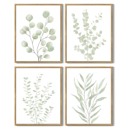 Drsoum Botanical Plant Framed Wall Art Boho Wall Decor for Bathroom Sage Green Eucalyptus Leaf Prints Minimalist Aesthetic Ready to Hang Set of 4, 8x10 in (Natural Framed)