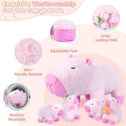 SuzziPals 5-in-1 Pink Capybara Plush with Babies Inside, 5Pcs Set Capybara Stuffed Animal with Mommy & 4 Babies, Cute Plush Pillow Decor, Cute 3 to 8 Year Old Girl Gift, Imaginative Toy (Capibara)