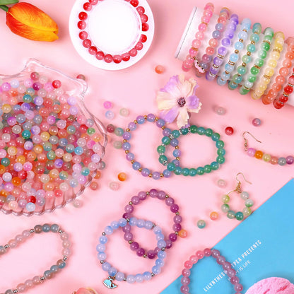 Wuollgess 1700Pcs 8mm Glass Beads for Jewelry Making,Round Bracelet Making Kit in 48 Colors with Gold Silver Spacer Beads, Charms & Elastic String, Friendship Bracelet Bead Kit for Adults and Crafters