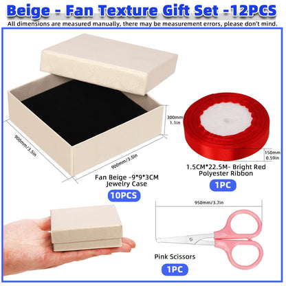 Glarks 12Pcs 3.5x3.5x1 Inch Beige Cardboard Paper Jewelry Gift Boxes with Scissors and Ribbon Set, Bracelets Bangle Necklace Earring Gift Case for Birthday Wedding Jewelry Storage Packaging Display