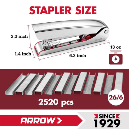 Arrow Metal Stapler, Full-Strip Stapler for Desk with 2520 Staples, 25 Sheet Capacity, Rear Staple Storage, Dual-Mode Anvil, Non-Slip Base, for Office, Classroom, and School
