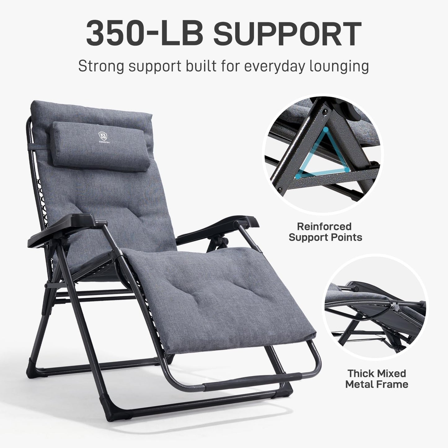 EVER ADVANCED Thick Padded Zero Gravity Chair, Oversized Reclining Lounge Chair with Adjustable Headrest & Cup Holder, Heavy Duty Support 350 lbs, Foldable for Camping, Lawn, Outdoor & Indoor, Gray