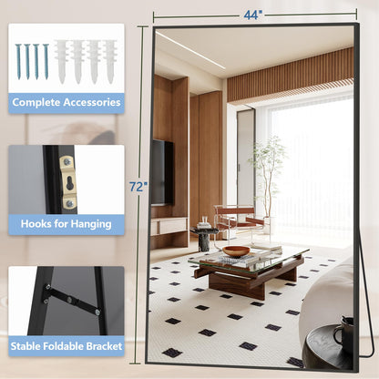 Large Mirror Full Length 72"X44", Oversized Floor Mirror with Stand, Black Free Standing Mirror Full Length for Gym Bedroom Living Room, Hanging or Wall Mounted, Shatterproof Tempered Glass