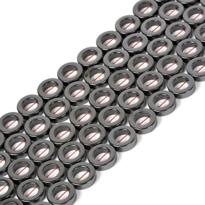Natural 14mm Hematite Hollow Circle Flat Round Ring Shape Donut Beads Strand 16 Inch for Jewelry Making