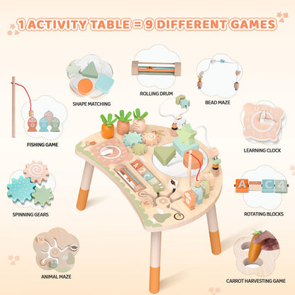 Hewaurorion Wooden Activity Table for Toddlers 1-3, 9 in 1 Montessori Sensory Table with Bead Maze Shape Sorter Fishing Game, Baby Activity Center Learning Toys for 1 2 3 Year Old Boys Girls