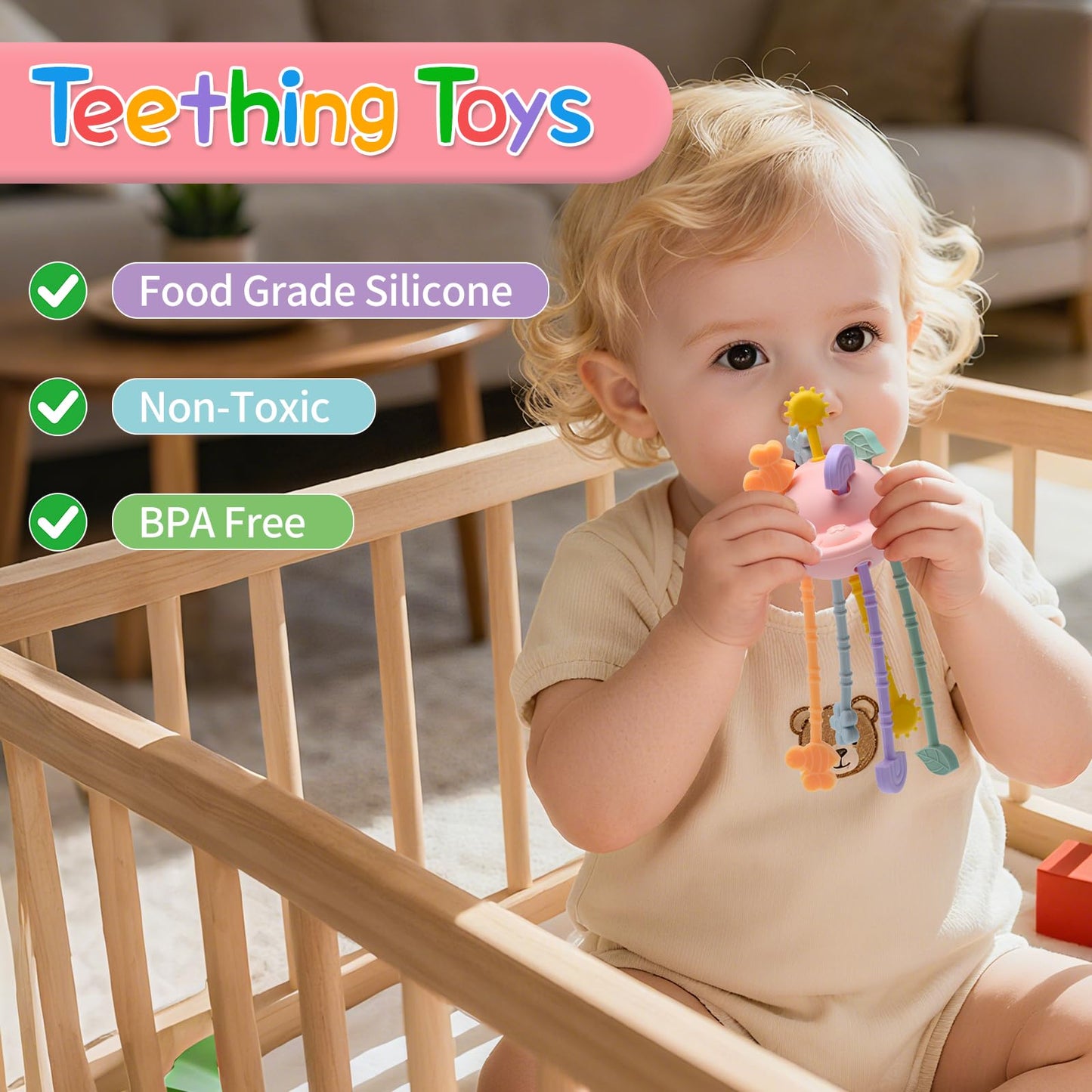 Little Rawr Silicone Baby Sensory Montessori Toys & Pull String Toys for 18 M+, Toddler Birthday Gift Car Seat Airplane Travel Toy for 1 2 Year Old Boy Girl Infant 18 Months Old (Pink)