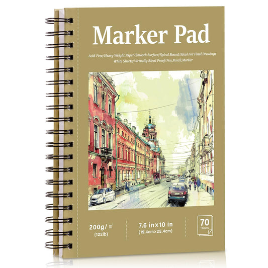 70 Sheets Hardcover Marker Paper Pad, 7.6x10in Alcohol Marker Paper Sketch Pad, 122lb/200gsm Heavyweight Spiral Sketch Book, Painting Coloring Drawing Paper for Beginners Artists Ideal Gift