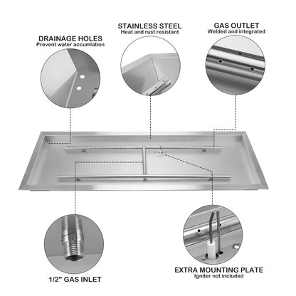 Stanbroil 36 x 12 Inch Rectangular Drop-in Gas Fire Pit Kits with All Accessories Required for DIY Fire Pit Project, Propane Gas Version, 150,000 BTU’s Max