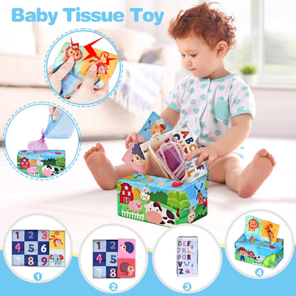 Baby Toys 6-12 Months, 6 in 1 Montessori Toys for 1 Year Old, Soft Infant Sensory Teething Toy, Stacking Cups & Blocks, Shape Sorter Blocks, Finger Puppets, Tissue Box Toy for Toddler 0-3-6-9-12 M+