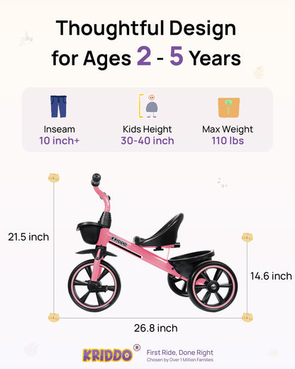KRIDDO Tricycle for 2-5 Year Olds - Pink Toddler Trike With Gift for 24 Month to 4 Year Old Girls