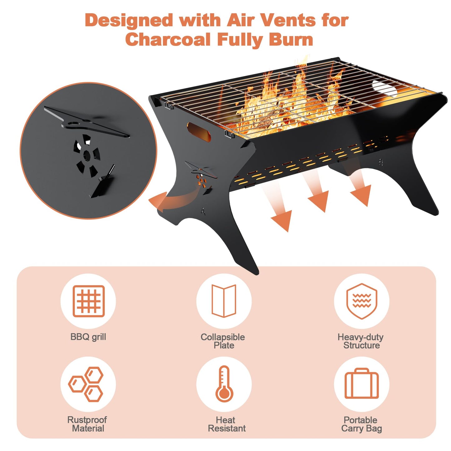 Bearfire Camping Campfire Grill, 16"Lx12"D Portable Folding Charcoal Grills, Backpacking BBQ Grill with Carry Bag, Outdoor Fire pit for Camping, Picnic, Bonfire, Patio, Backyard
