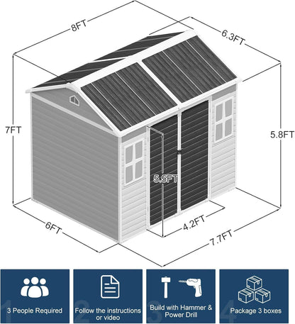 Restland 8x6 FT Resin Storage Shed with Floor & Adjustable Windows Large Outdoor Shed Waterproof Plastic Garden Sheds for Patio, Backyard, Lawn