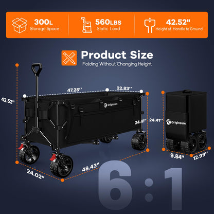 48" L Collapsible Wagon Cart Foldable, 560lbs Weight Capacity 300L Heavy Duty Folding Beach Wagons with Big All-Terrain Wheels, Utility Carts for Groceries, Shopping, Camping, Sports - Black