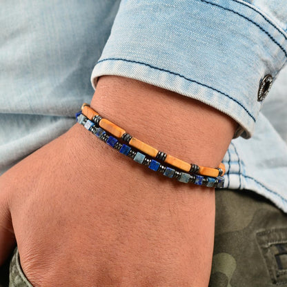 Casvia Men's Lapis Lazuli & Hematite Beaded Bracelet, Handmade Adjustable Stainless Steel Chain, Chakra Jewelry Gift for Dad, Husband, Boyfriend | Hematite Stone Bracelet