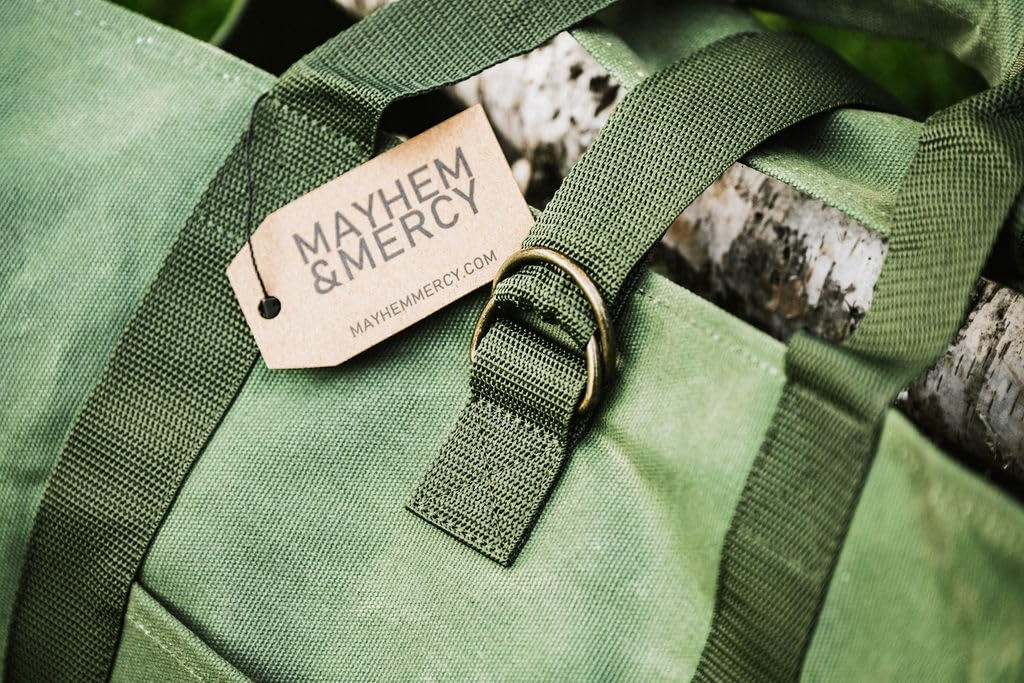 MAYHEM & MERCY Extra Large Waxed Canvas Firewood Carrier Tote – Heavy Duty Log Bag with Handles & Pocket – Self-Standing Wood Holder for Fireplace, Camping, and Outdoor Use – Hunter Green