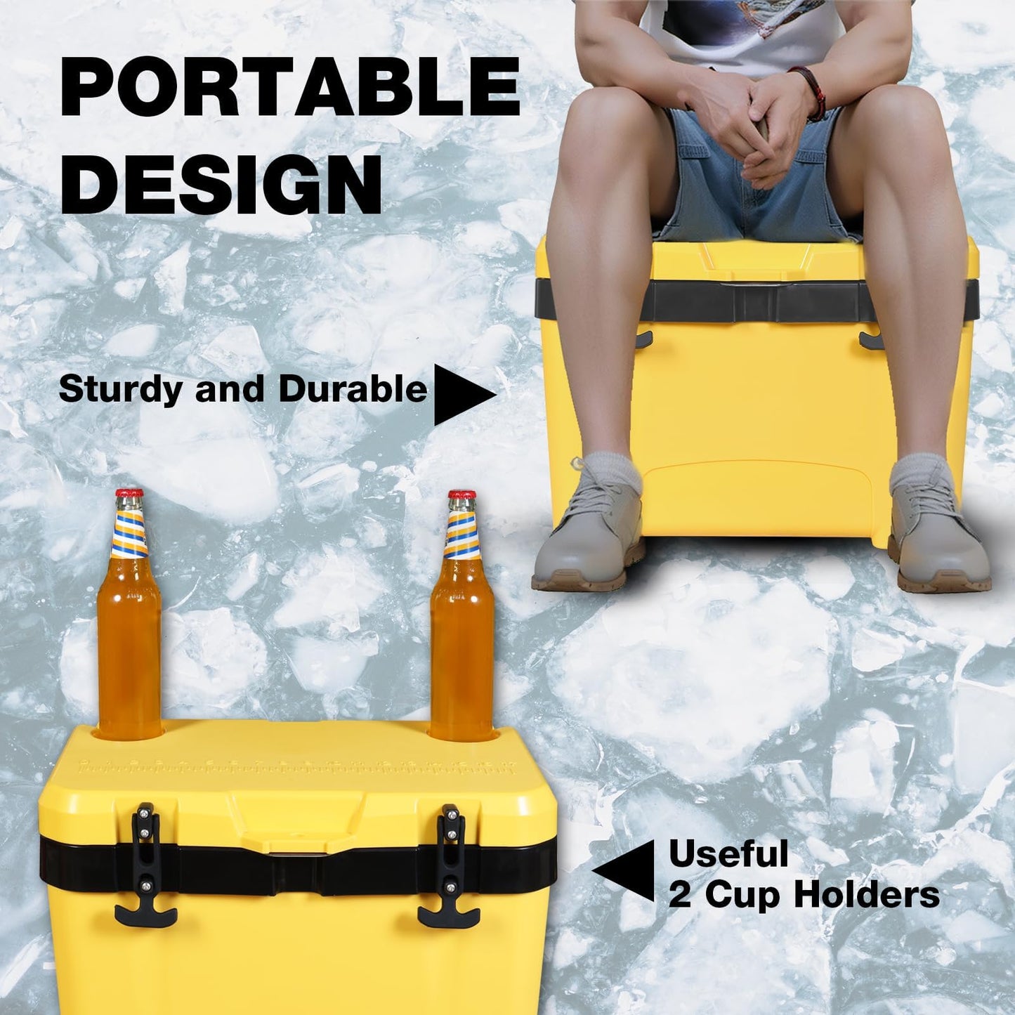YELLOW JACKET 27 Quart Ice Cooler, Portable Ice Chest Hard Cooler Box with Retention Insulation and Heavy Duty Handle for Camping, Picnic, Beach, Drink, Beverage, Fishing,Yellow