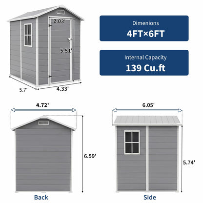 4x6 ft Outdoor Storage Shed with Floor, Plastic Resin Garden Shed with Window & Lockable Door, Tool Shed for Patio, Backyard, Lawn Mower, Bike Storage