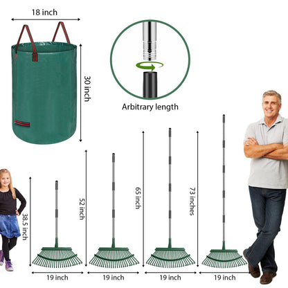 Adjustable Metal Leaf Rake Set – 25 Tines, 38-73" Handle, 19" Wide with 2 Pack 32-Gallon Leaf Bags & Scoops – Heavy Duty Garden Rake for Lawns, Shrubs, Grass, Flower Beds & Outdoor Use