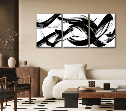 RUURUU 3Pcs Framed Black and White Abstract Wall Art Black Lines Canvas Wall Decor Brush Stroke Pictures Modern Minimalist Gallery Posters Paintings Prints For Living Room Bedroom Home Office 12x16 Inches