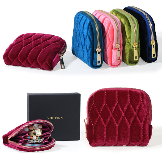 Vidifina Small Travel Jewelry Case, Mini Travel Jewelry Bag with Zipper, 5-Layer Velvet Organizer Pouch for Bracelet Rings Earrings - Diamond Stitched Velvet Rose Purple