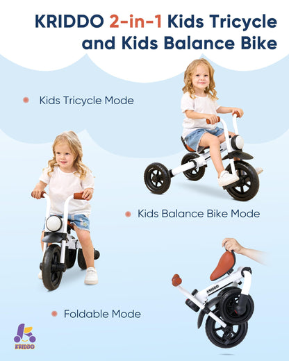 KRIDDO 2-in-1 Kids Balance Bike and Kids Tricycle for 2 to 5 Year Old, Toddler Balance Bike with Detachable Pedals, Tricycles for 3-5 Year Olds with Stitched Soft Grip, White
