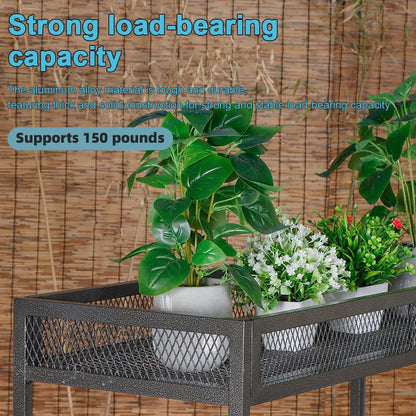DHYGOTFUR 2-Tier Aluminum Plant Stand Outdoor Indoor with Lockable 360° Wheels & Grid Guardrails, Heavy-Duty Metal Plant Rack Anti-Fall, Mobile Display Shelf for Patio Garden Balcony Lawn