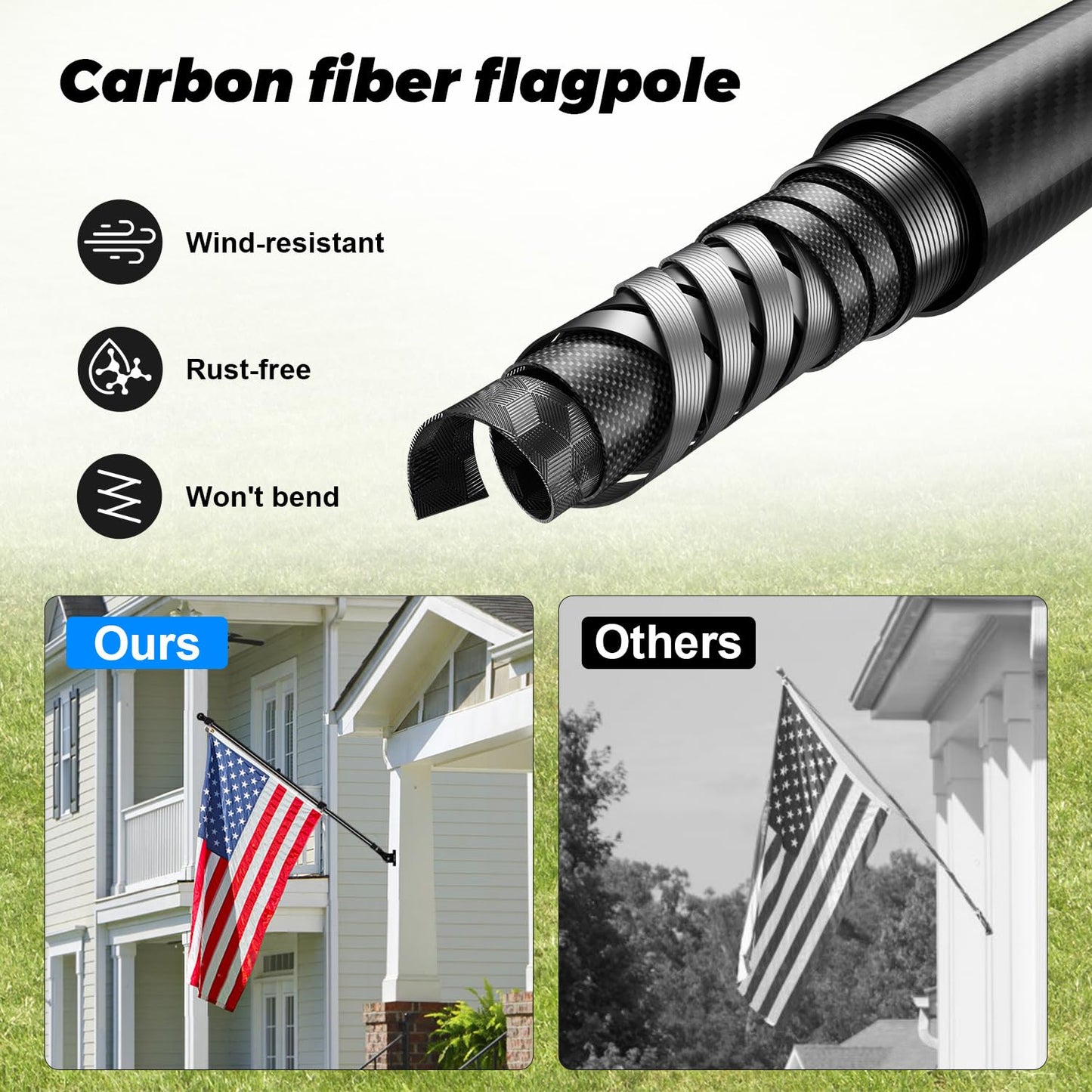 Msnaile 6FT Carbon Fiber Flag Pole, Flagpole for Outside House, Porch Flagpoles, Tangle Free Black Flag Pole Kit, Wind-Resistant, Bend-Resistant, Rust-Free (Includes Bracket, Plain Carbon Fiber)