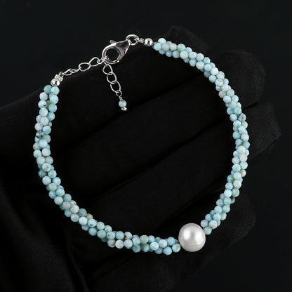 CRYSTALIS Natural Caribbean Larimar Beads Twisted Rope Bracelet with Elegant Pearl, High Grade Gemstones, Chakra Healing Stones, Womens Gift Jewelry, Silver Plated Brass Bracelet 8 inch