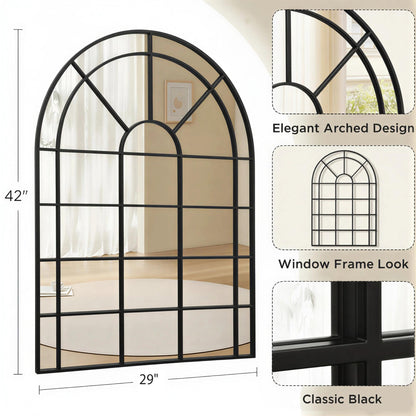 Besdomus Large Arched Window Mirror: 29"x42" Black Classic Farmhouse Wall Mirror - Wall Decor for Fireplace/Entryway/Hallway/Living Room - Ideal for Home Decor Enthusiast