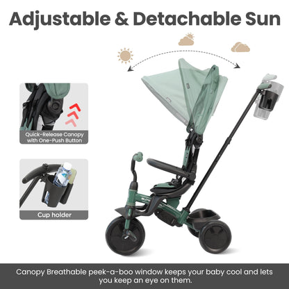 QPlay Baby Tricycle Ages 10 Months - 6 Years,6 in 1 Toddler Tricycle Stroller with Adjustable Parent Handle,Safety Harness & Wheel Brakes,Removable Canopy, Trike Bike Gifts for Boys & Girls (Green)