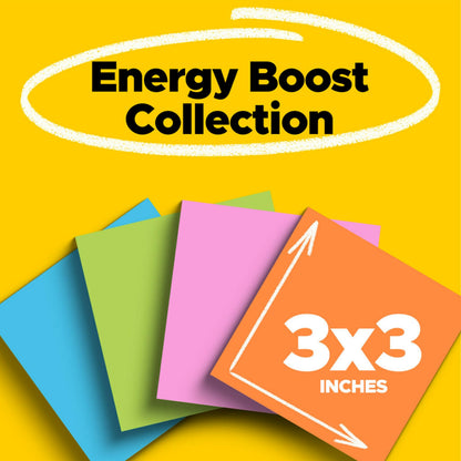 Post-it Super Sticky Notes, 24 Sticky Note Pads, 3 x 3 in., School Supplies, Office Products, Sticky Notes for Vertical Surfaces, Monitors, Walls and Windows, Energy Boost Collection