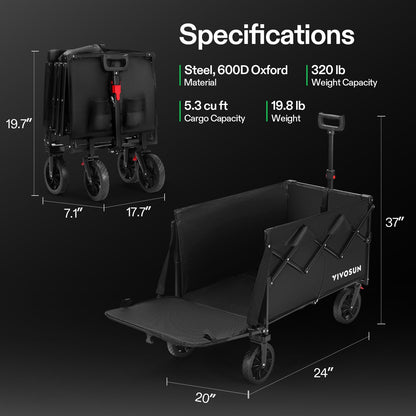 VIVOSUN Collapsible Wagon with Tailgate, 320lb Load-Bearing Outdoor Utility with All-Terrain Wheels, Adjustable Handle, Cup Holders for Camping, Shopping, Garden, Sports, Picnic, Black